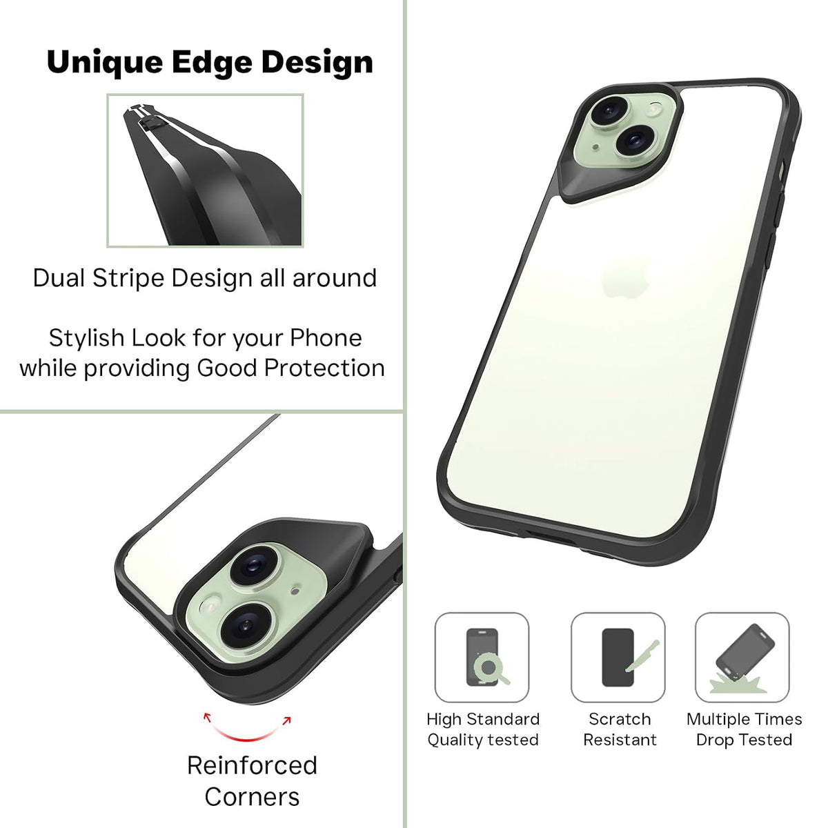 iPhone 15 Back Cover Case | Tough Hybrid - Clear Black