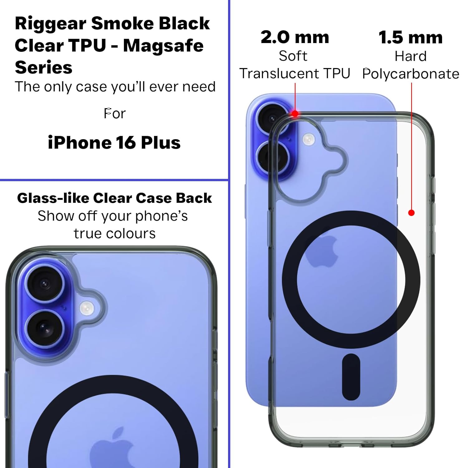 iPhone 16 Plus Back Cover Case | Clear Hybrid - Clear Black Magnetic