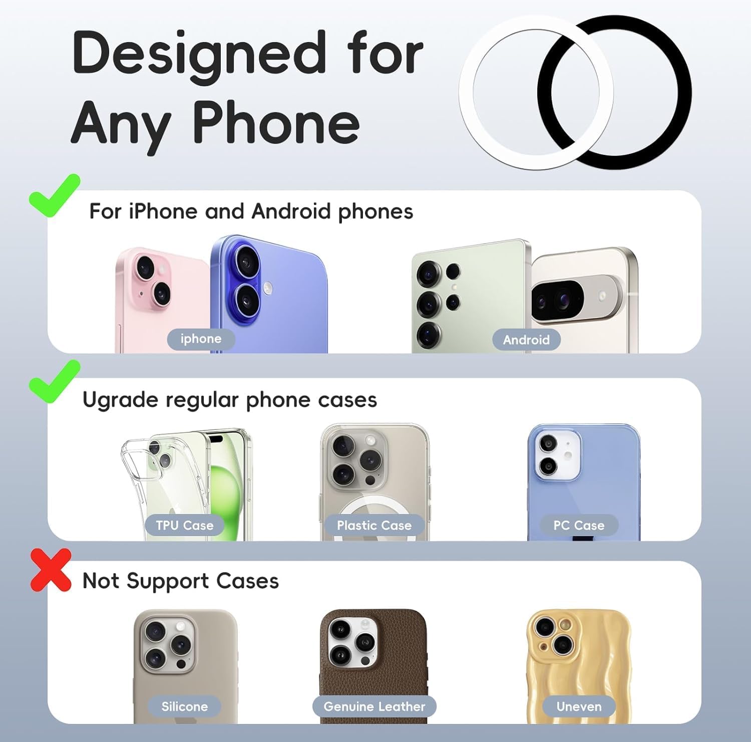 MagSafe Ring Sticker | Magnetic Metal Plate (Pack of 2 - Black & White)
