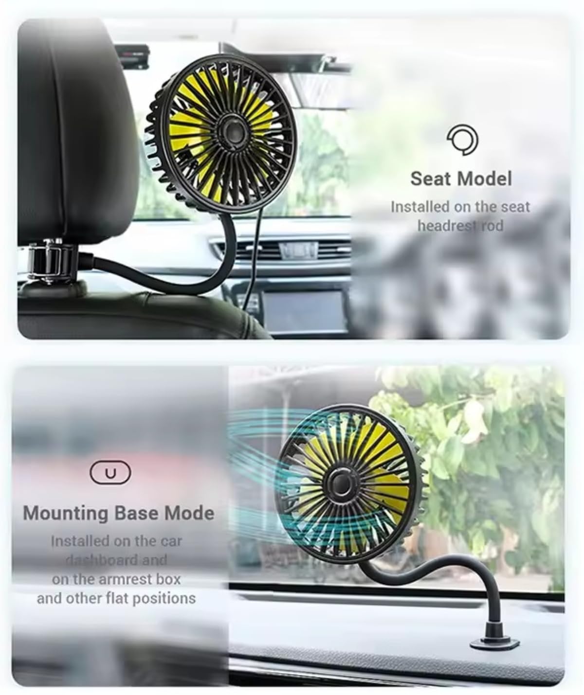 USB Car Cooling Fan | 3-Speed 360 Degree Adjustable Fan (Dashboard & Headrest)