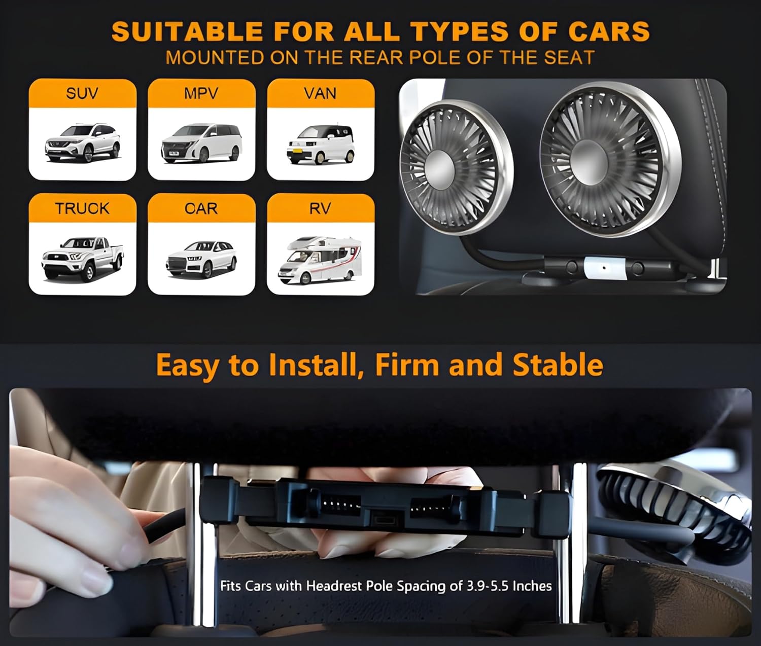 Dual Head Car Cooling Fan | 3-Speed 360 Degree USB Fan with LED Light