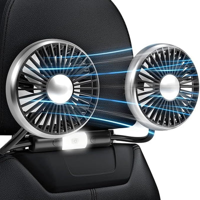 Dual Head Car Cooling Fan | 3-Speed 360 Degree USB Fan with LED Light