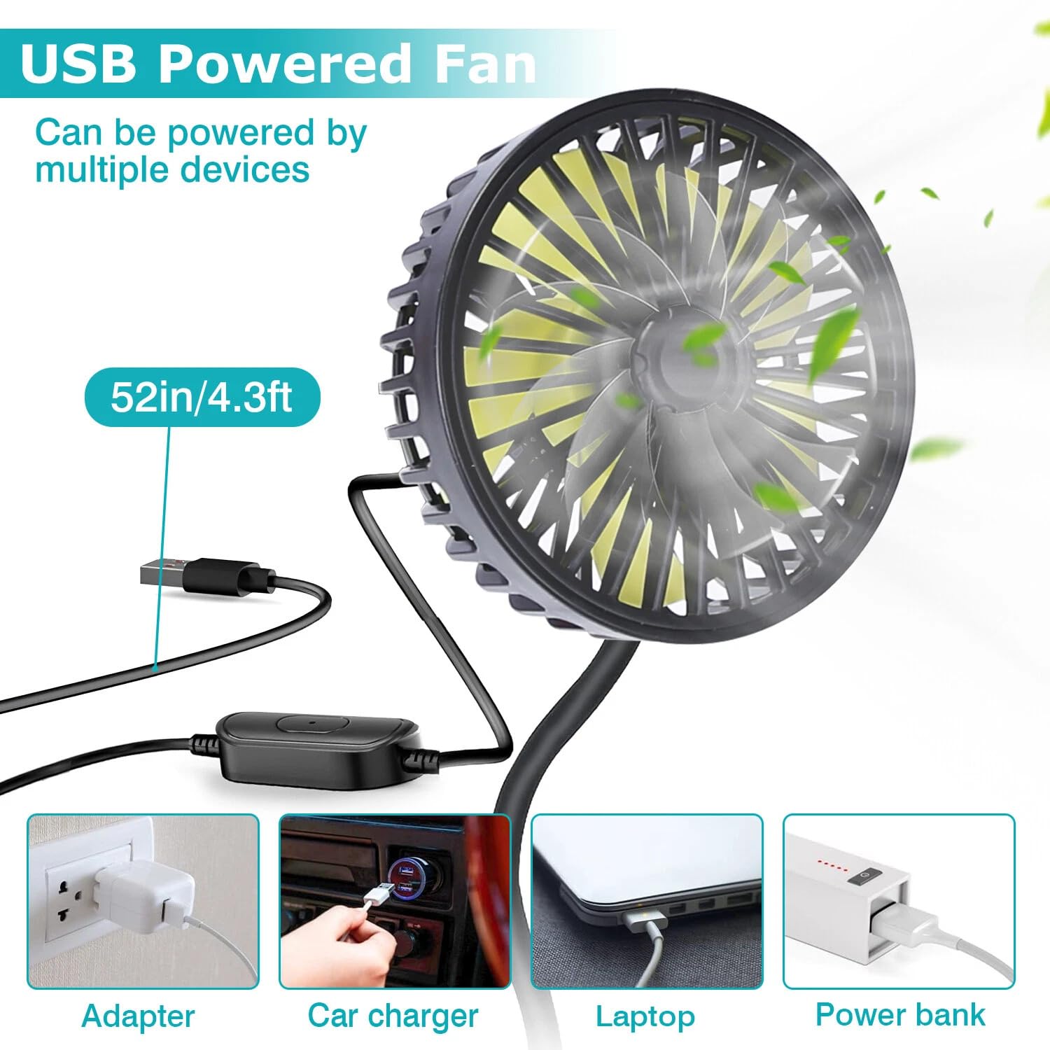 USB Car Cooling Fan | 3-Speed 360 Degree Adjustable Fan (Dashboard & Headrest)