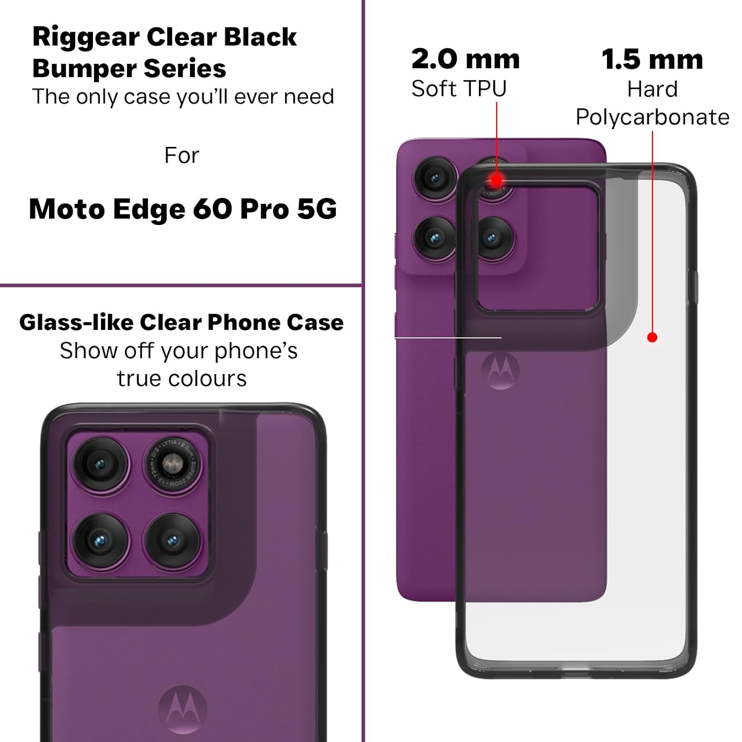 Motorola Edge 60 Pro Back Cover Case| Clear Hybrid - Clear Black