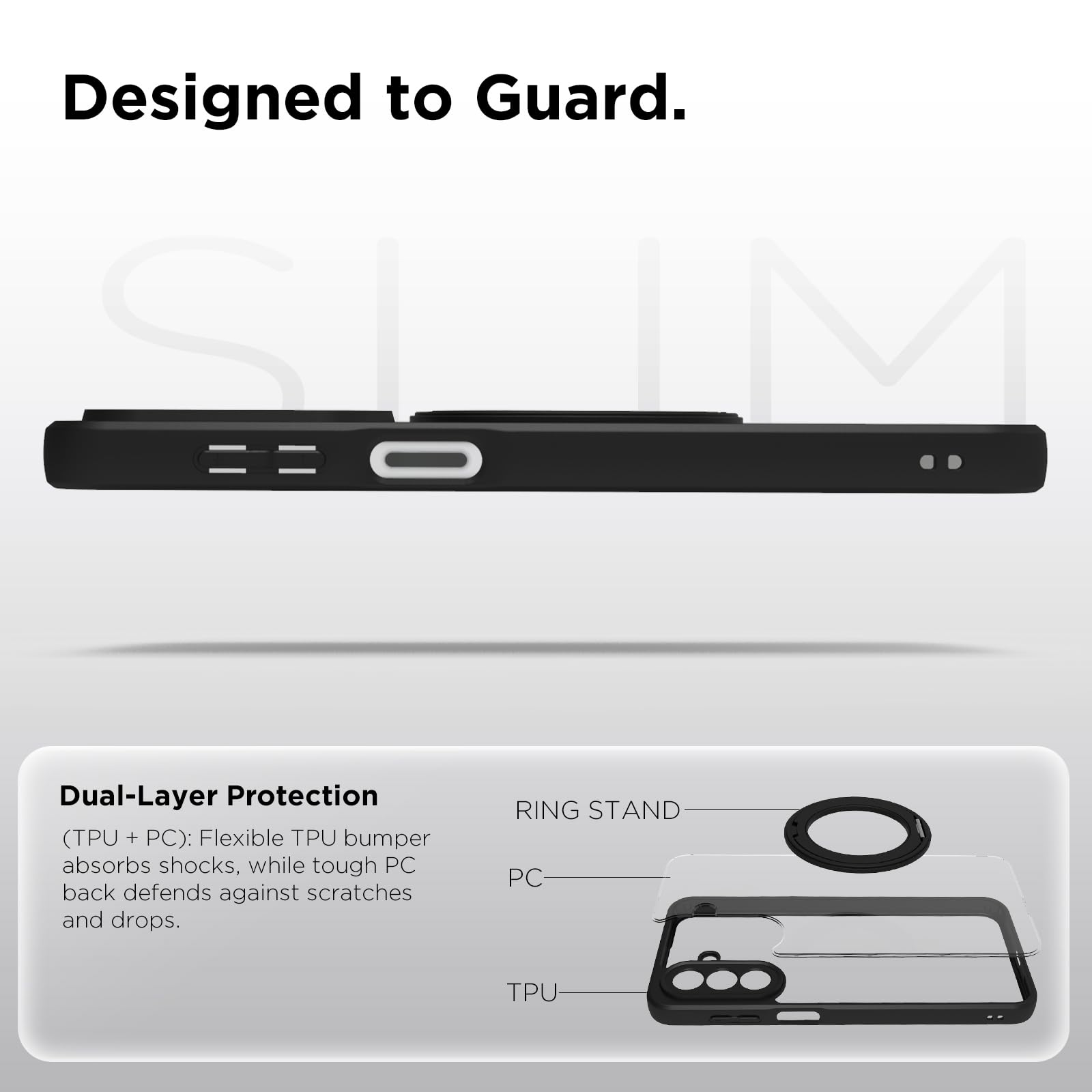Samsung Galaxy M47 Ring Stand Back Cover Case | Sleek Hybrid - Matte Black Magnetic