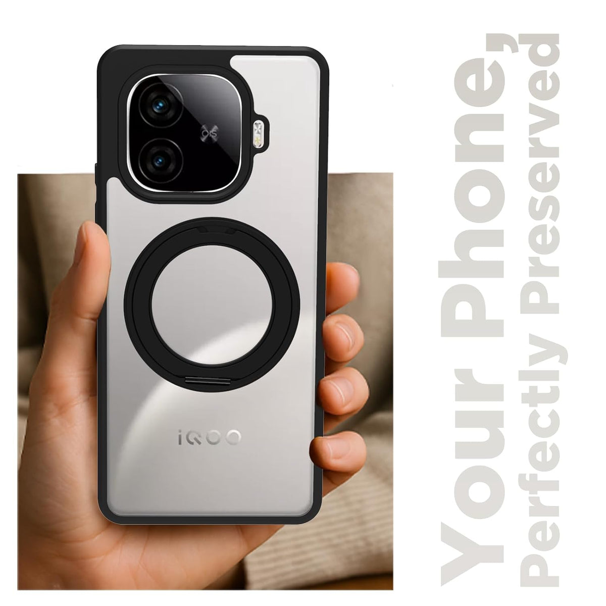 iQOO Neo 10R Ring Stand Back Cover Case | Sleek Hybrid - Clear Black Ring Stand