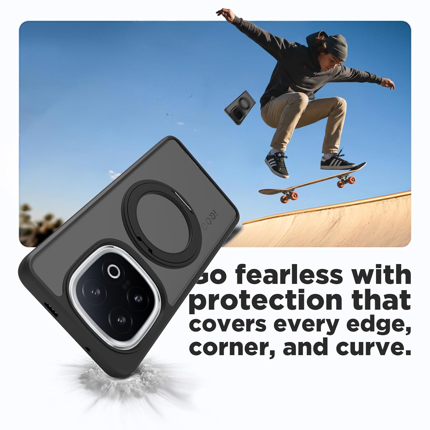 iQOO 13 5G Ring Stand Back Cover Case | Sleek Hybrid - Matte Black Magnetic