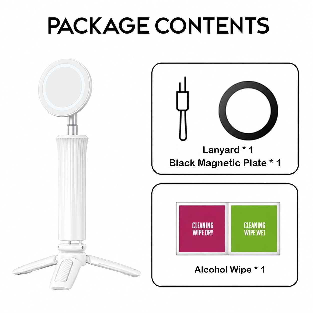 Magnetic Selfie Stick Tripod | 360 Degree Rotatable Phone Holder - White