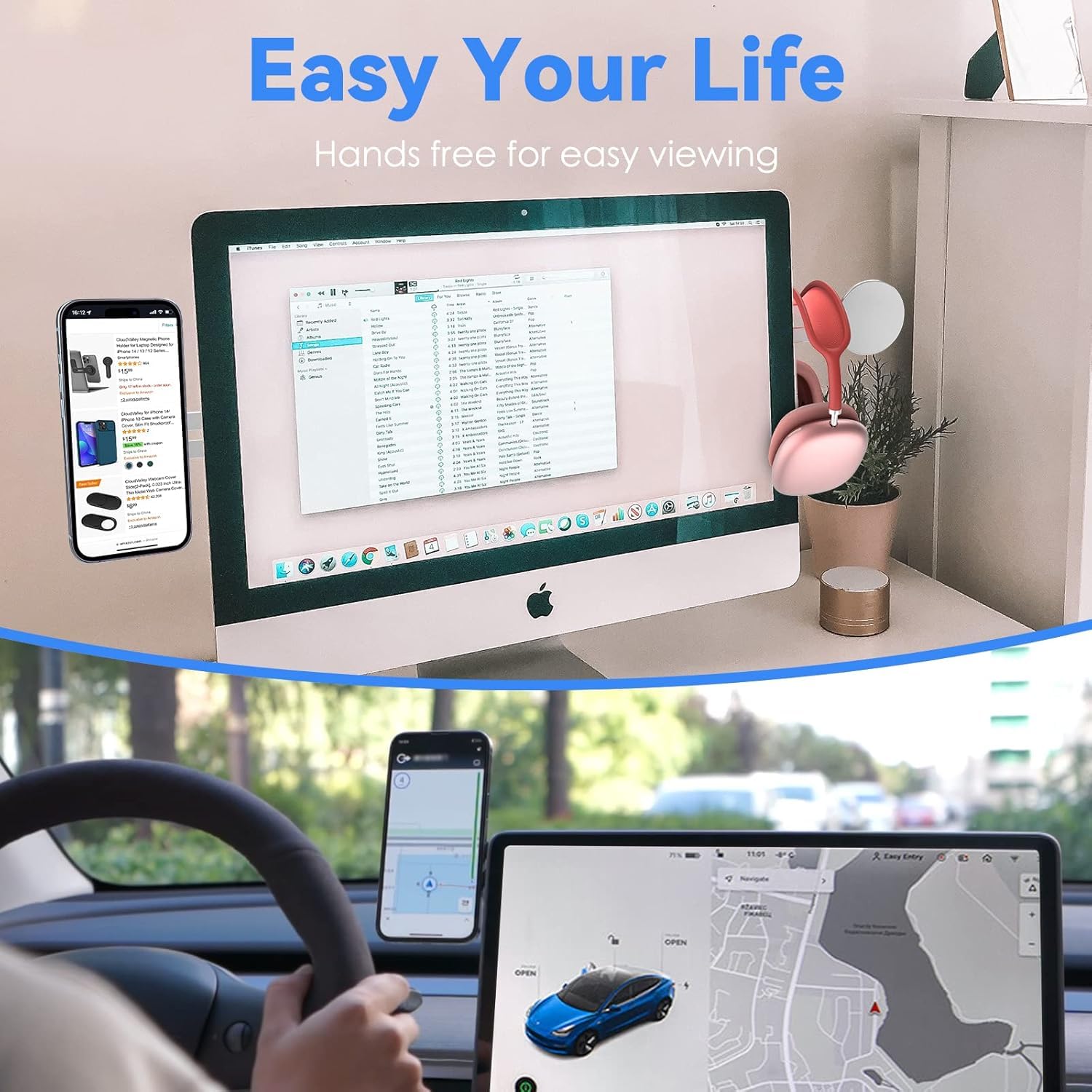Magnetic Laptop Mobile Holder | Metal Foldable Stand - Silver