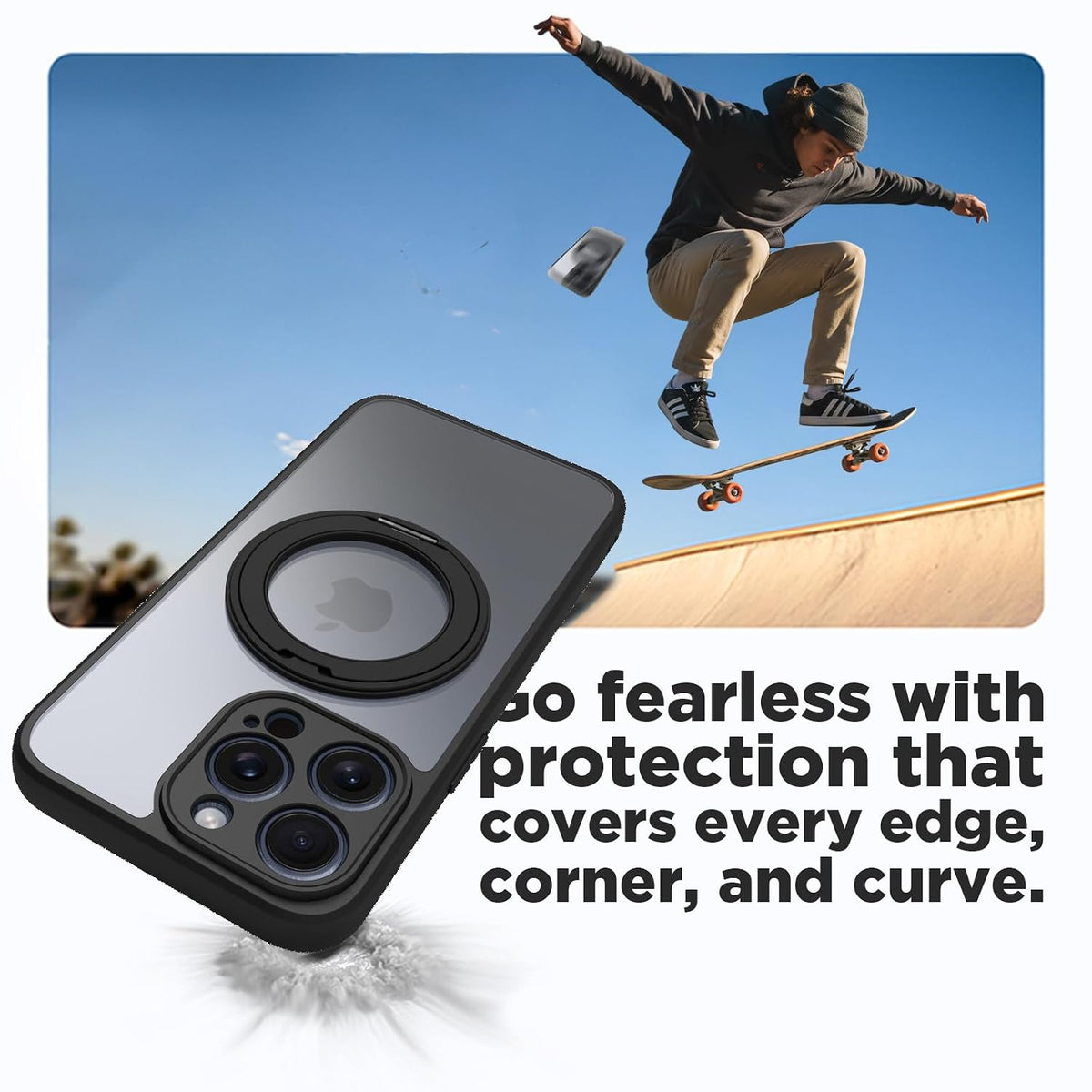 iPhone 15 Pro Max Ring Stand Back Cover Case | Sleek Hybrid - Clear Black Ring Stand