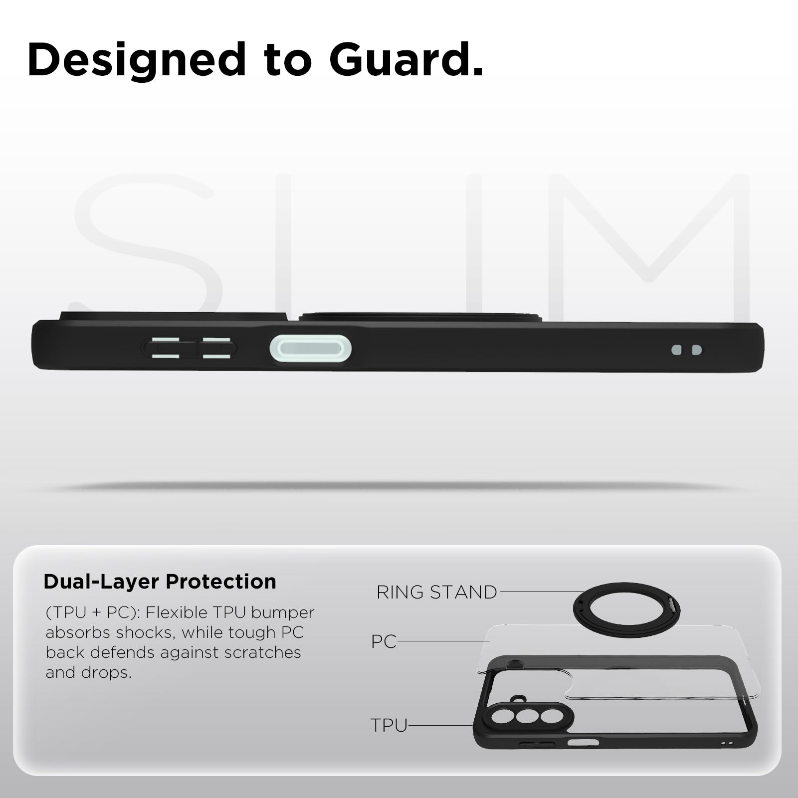 Samsung Galaxy A27 Ring Stand Back Cover Case | Sleek Hybrid - Clear Black Magnetic