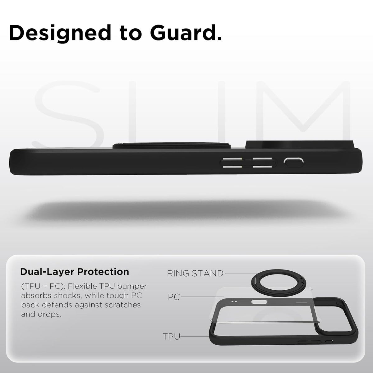 iPhone 18 Pro Max/iPhone 17 Pro Max Ring Stand Back Cover Case | Tough Hybrid - Clear Black Magnetic