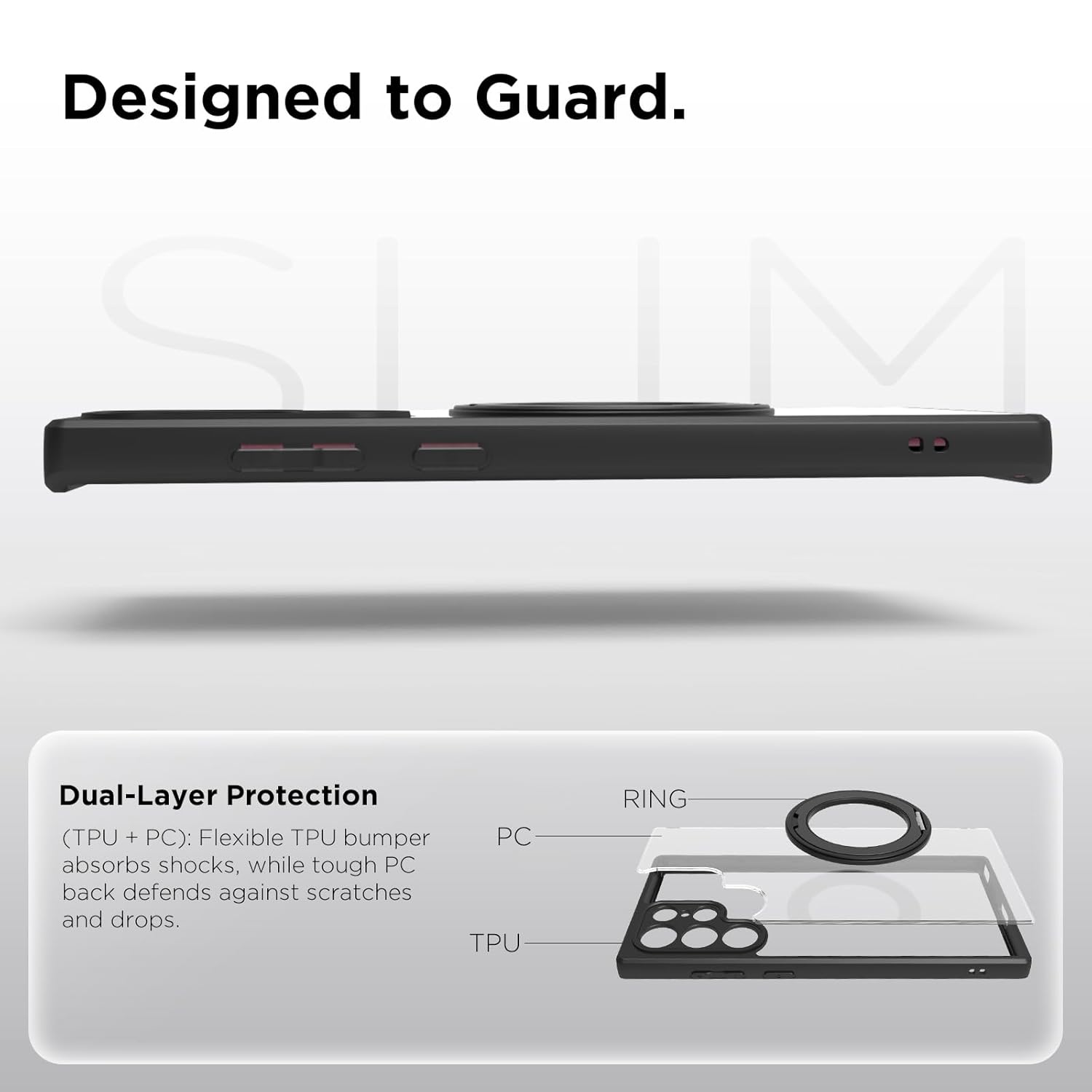Samsung Galaxy S22 Ultra Ring Stand Back Cover Case | Clear Hybrid - Clear Black Magnetic
