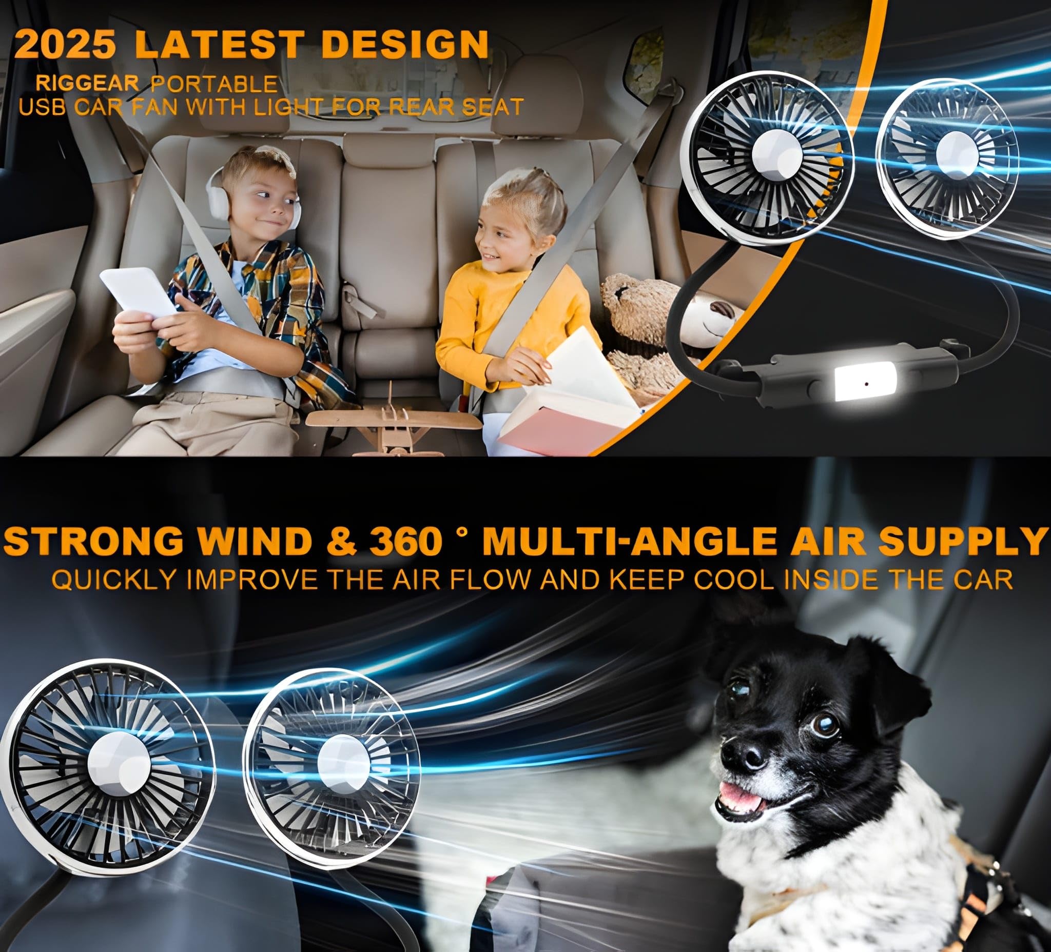 Dual Head Car Cooling Fan | 3-Speed 360 Degree USB Fan with LED Light