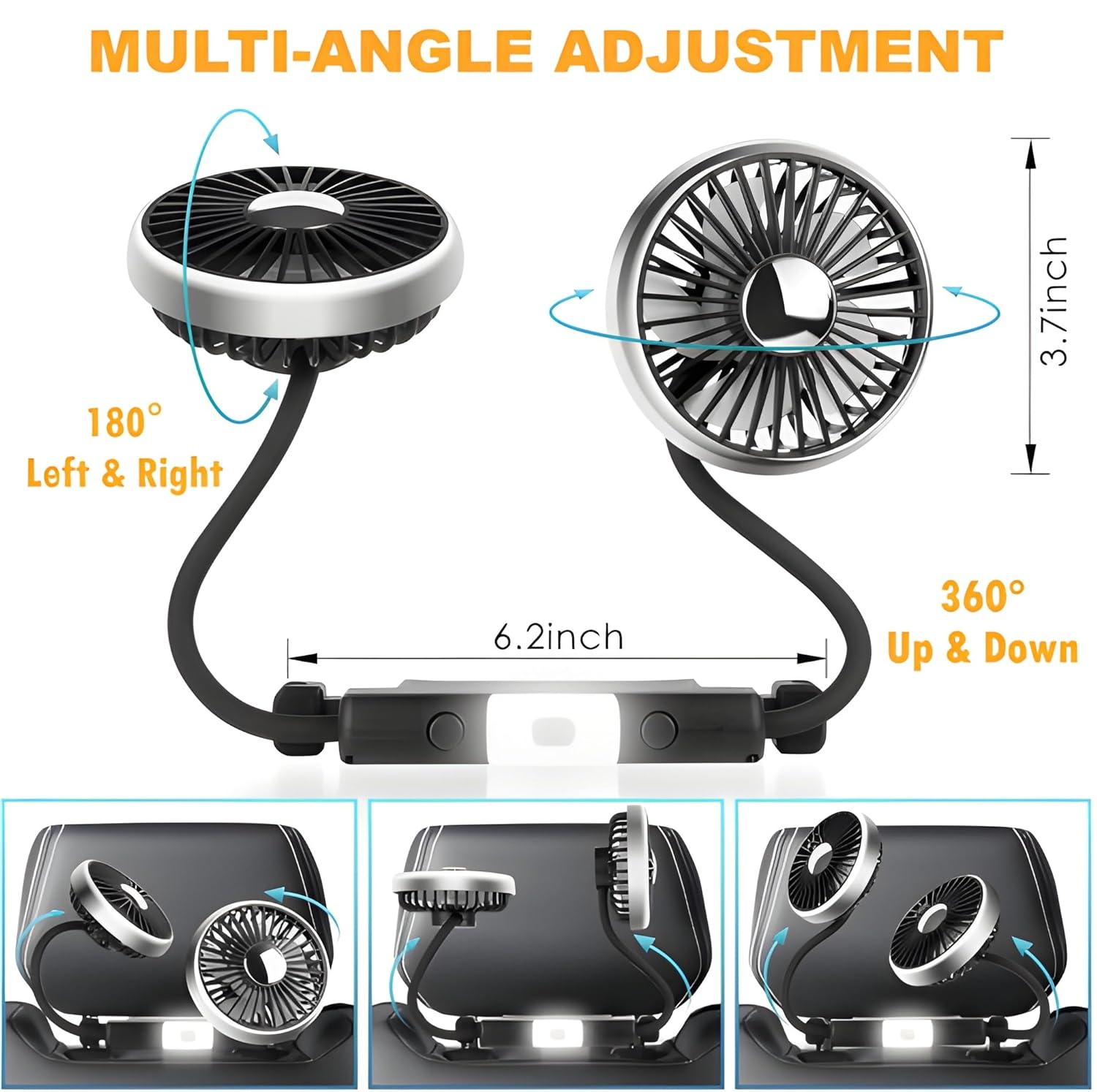 Dual Head Car Cooling Fan | 3-Speed 360 Degree USB Fan with LED Light