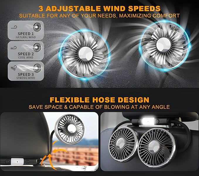 Dual Head Car Cooling Fan | 3-Speed 360 Degree USB Fan with LED Light