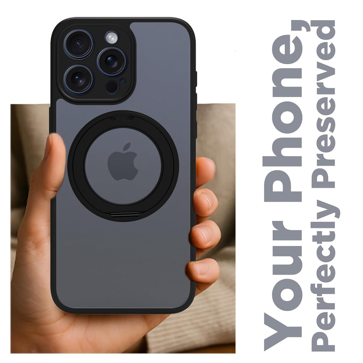 iPhone 15 Pro Max Ring Stand Back Cover Case | Sleek Hybrid - Clear Black Ring Stand