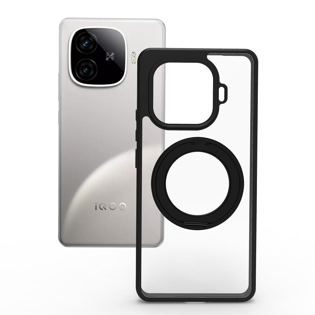 iQOO Neo 10R Ring Stand Back Cover Case | Sleek Hybrid - Clear Black Ring Stand