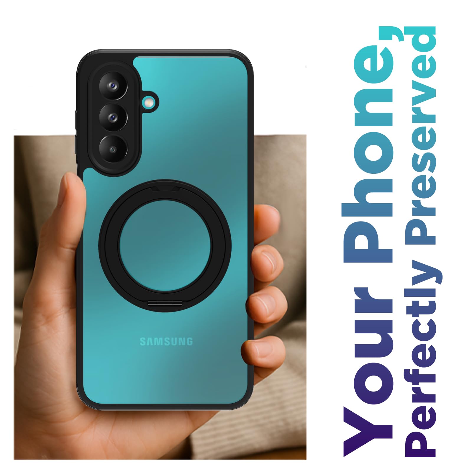 Samsung Galaxy M47 Ring Stand Back Cover Case | Sleek Hybrid - Matte Black Magnetic