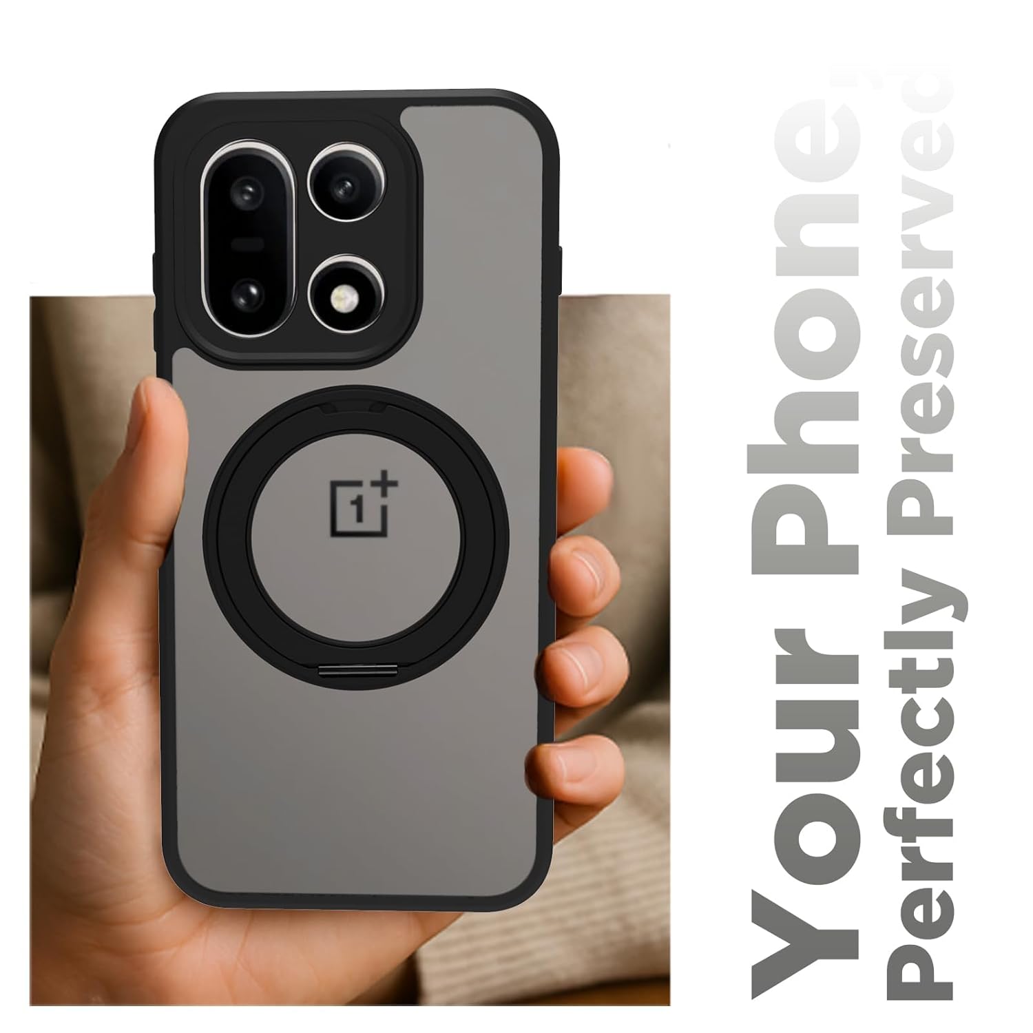 OnePlus 15 5G Ring Stand Back Cover Case | Sleek Hybrid - Clear Magnetic Black