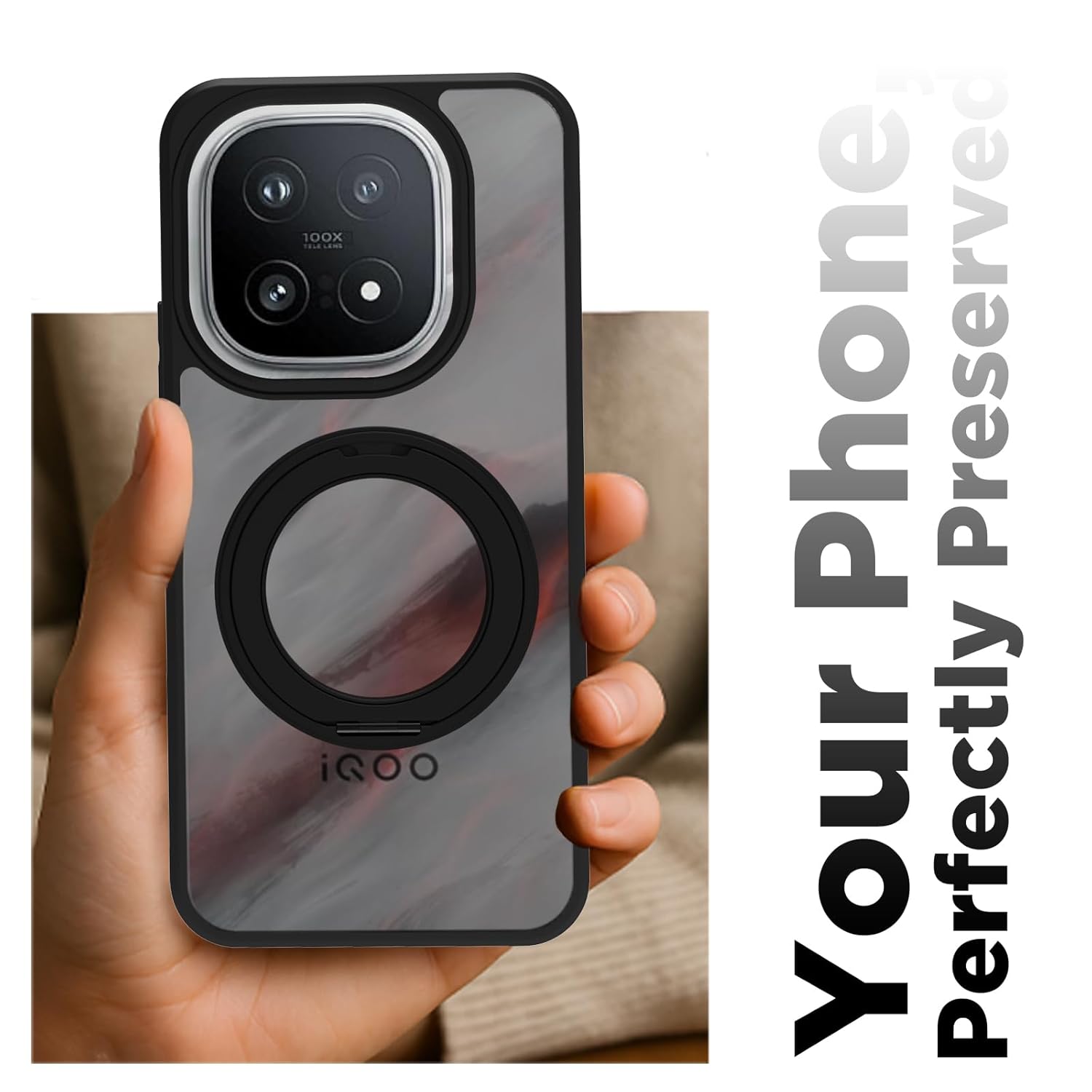iQOO 15 5G Ring Stand Back Cover Case | Sleek Hybrid - Matte Black Magnetic