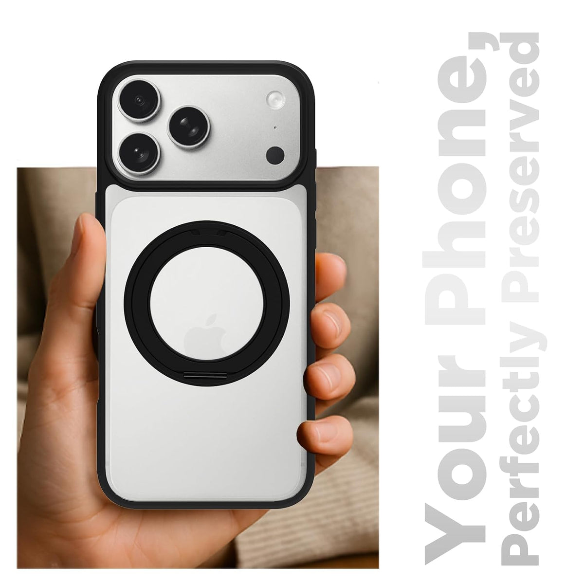 iPhone 18 Pro Max/iPhone 17 Pro Max Ring Stand Back Cover Case | Tough Hybrid - Clear Black Magnetic