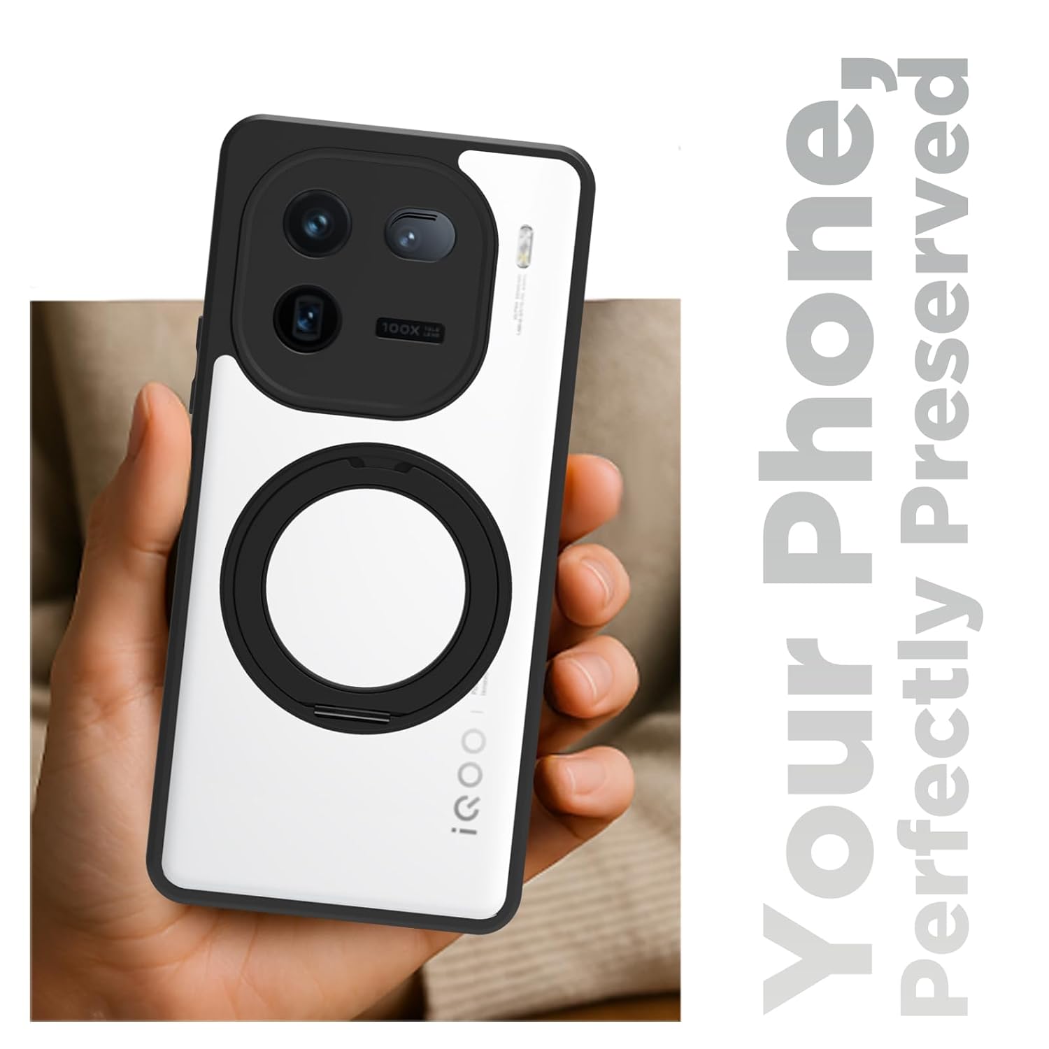 iQOO 12 5G Ring Stand Back Cover Case | Clear Hybrid - Clear Black Magnetic