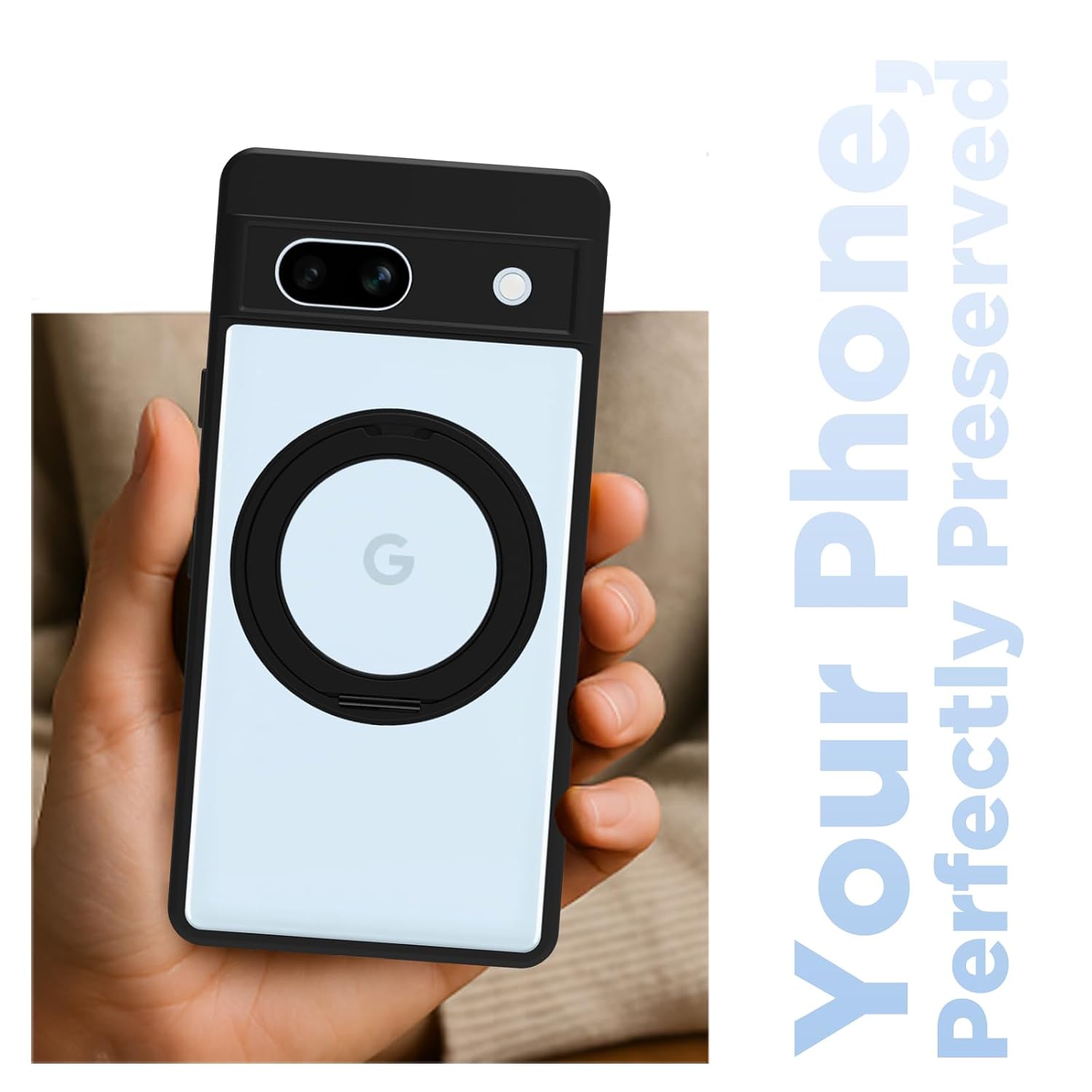 Google Pixel 7A Ring Stand Back Cover Case | Clear Hybrid - Clear Black Magnetic