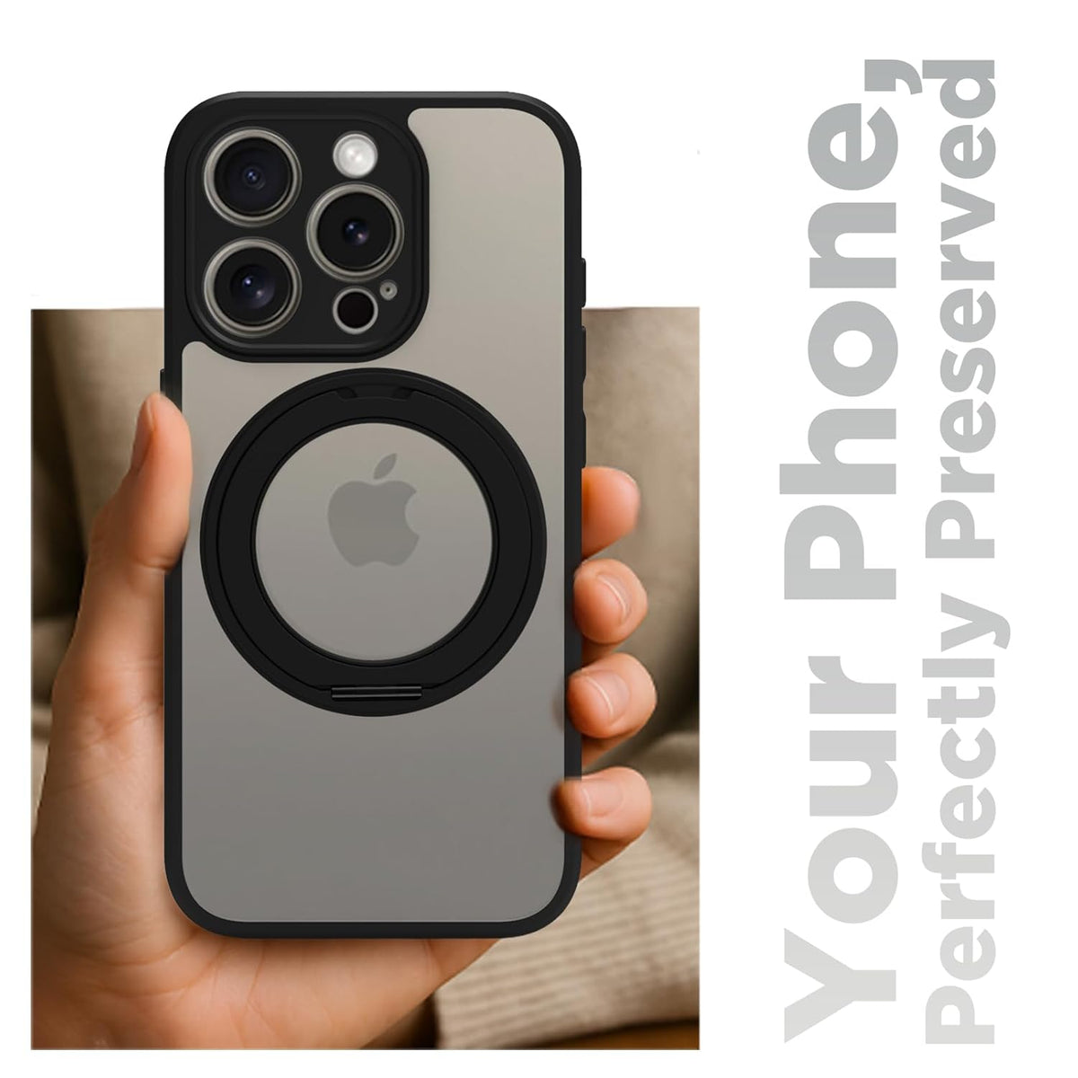 iPhone 15 Pro Ring Stand Back Cover Case | Sleek Hybrid - Clear Black Ring Stand