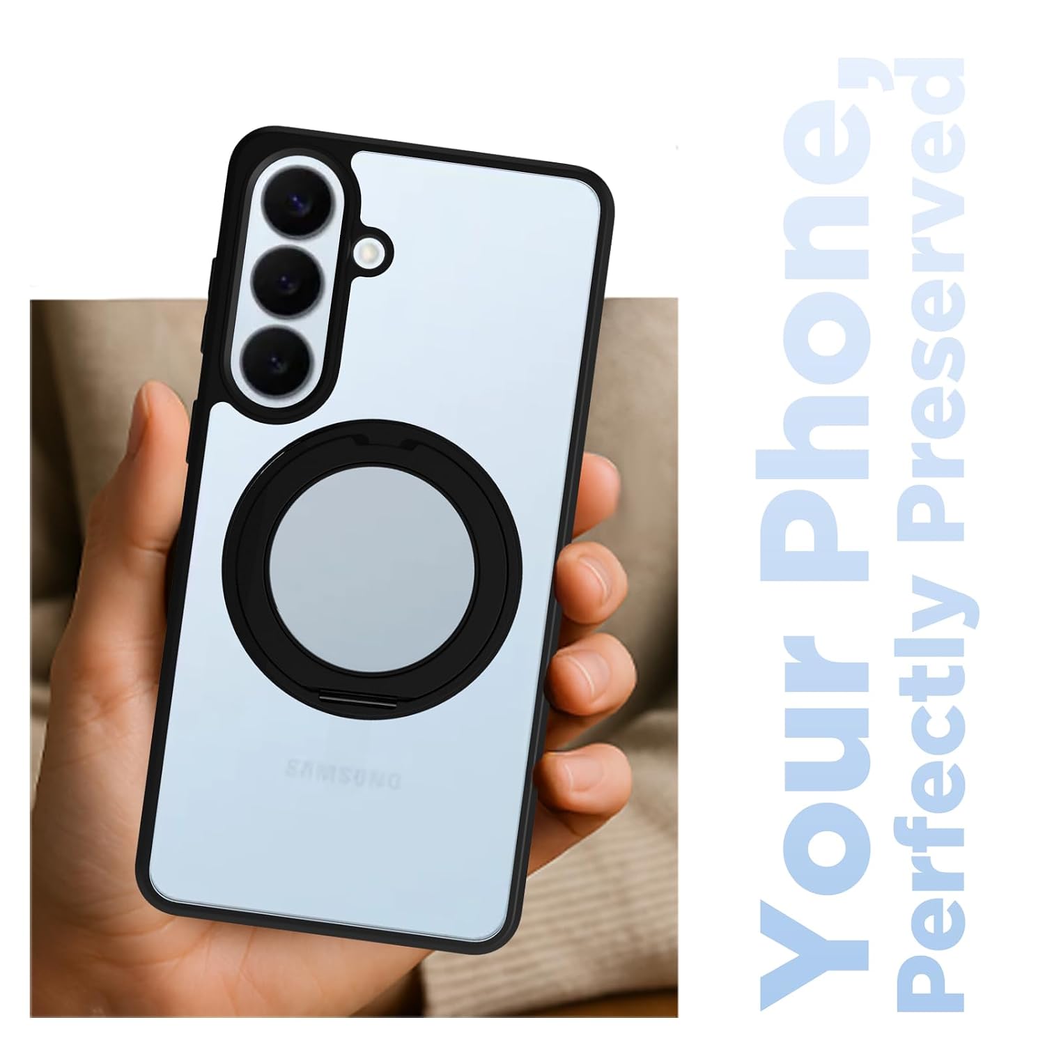 Samsung Galaxy S26 Ring Stand Back Cover Case | Sleek Hybrid - Clear Black Magnetic
