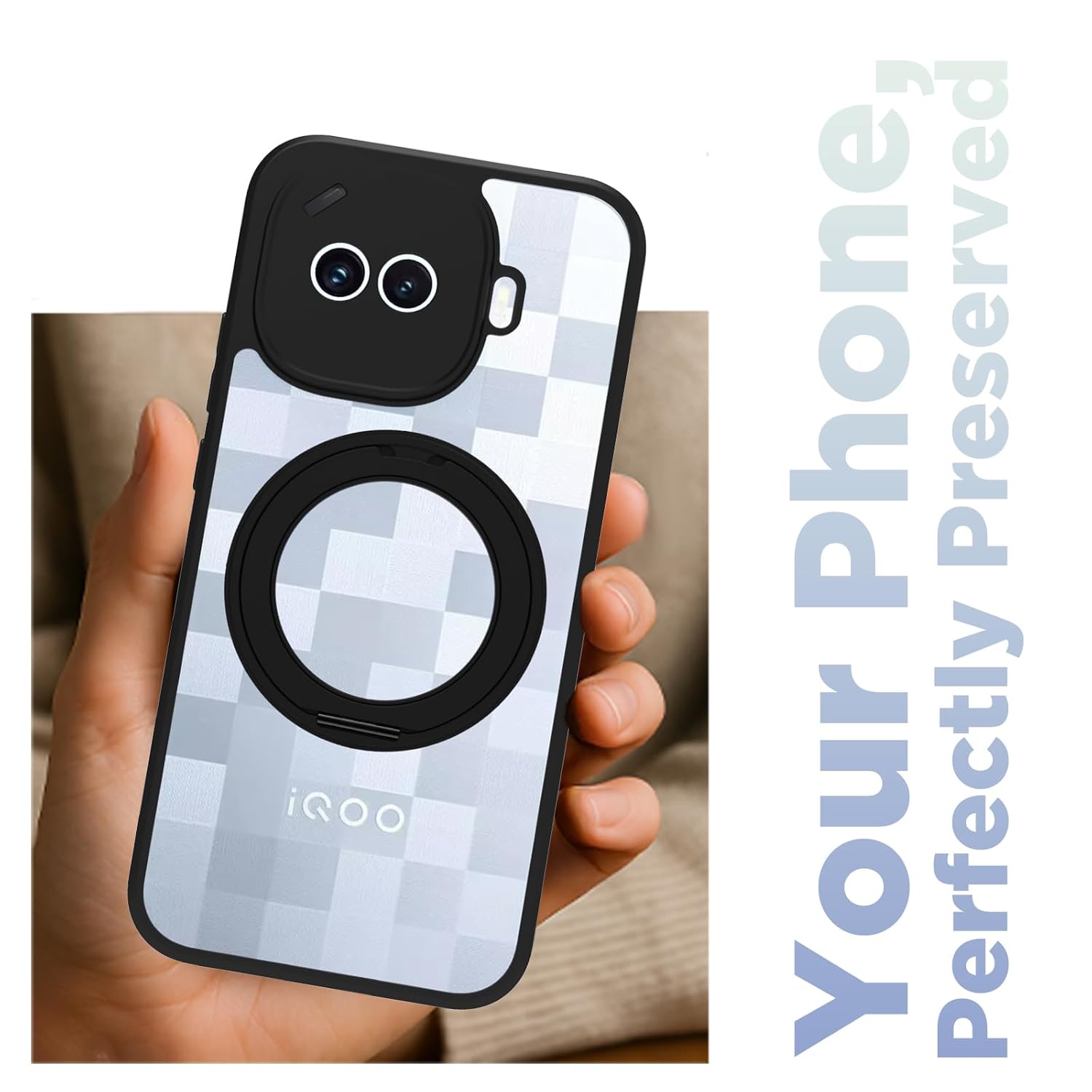 iQOO 15R 5G Ring Stand Back Cover Case | Clear Hybrid - Clear Black Magnetic
