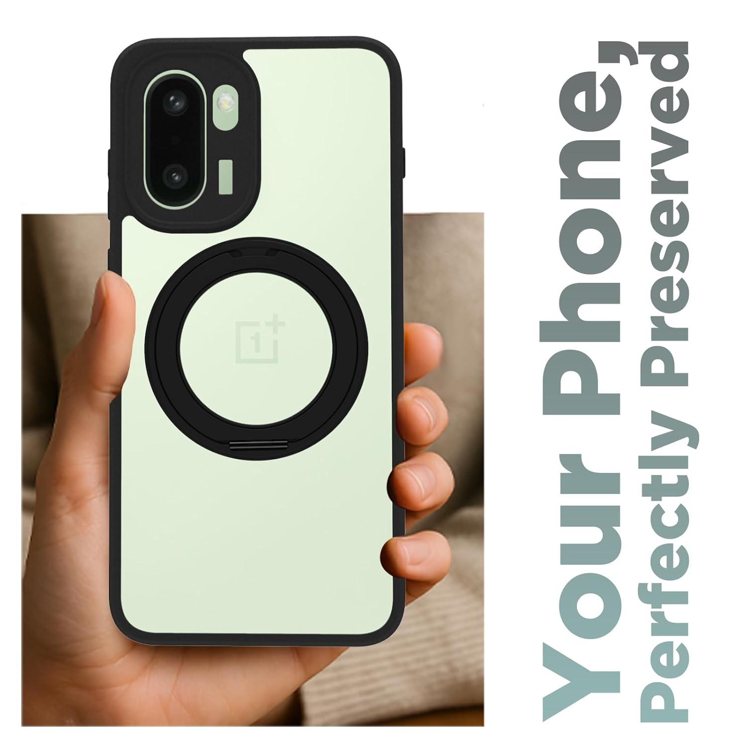 OnePlus 15R 5G Ring Stand Back Cover Case | Clear Hybrid - Clear Black Magnetic