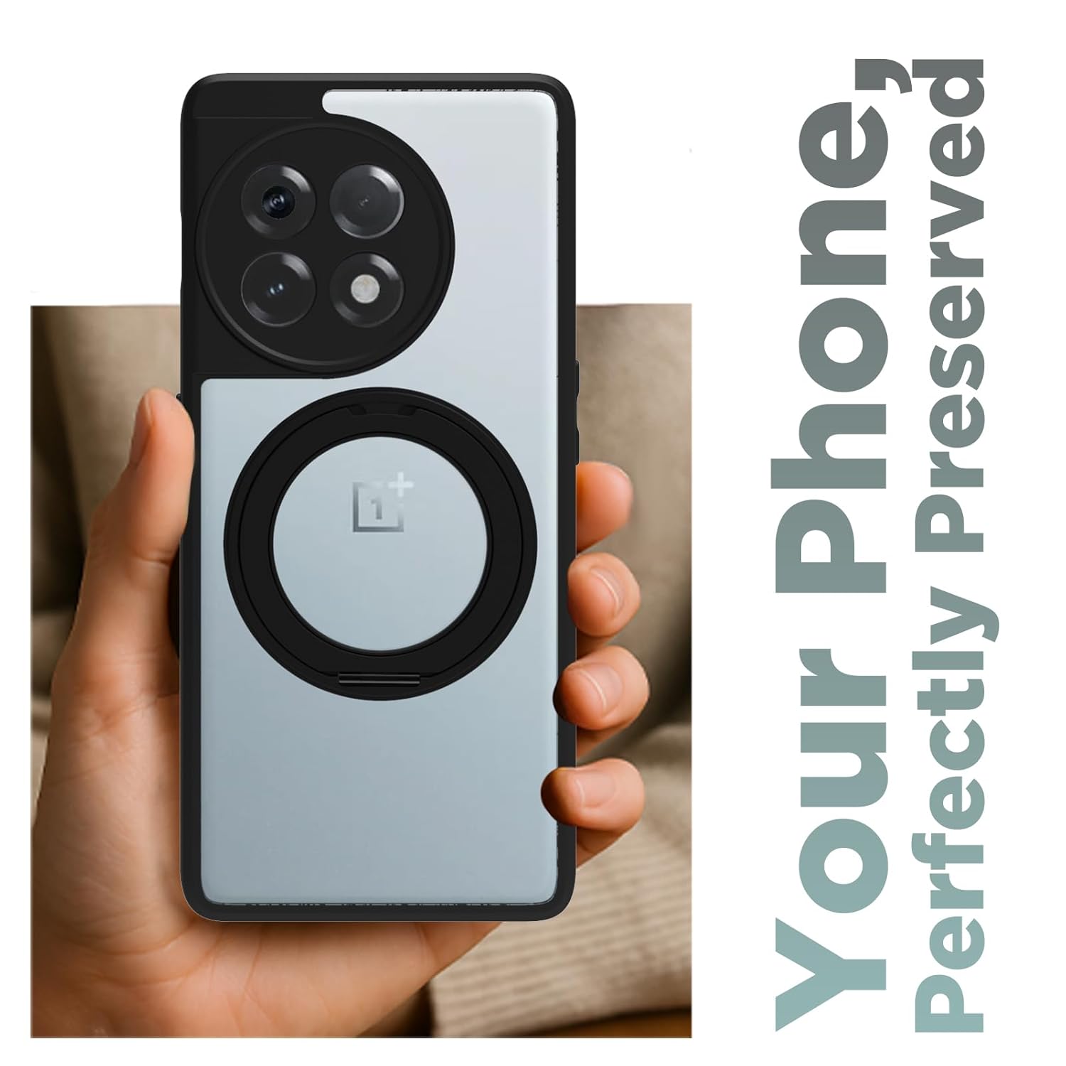 OnePlus 11R Back Ring Stand Cover Case | Clear Hybrid - Clear Black Magnetic