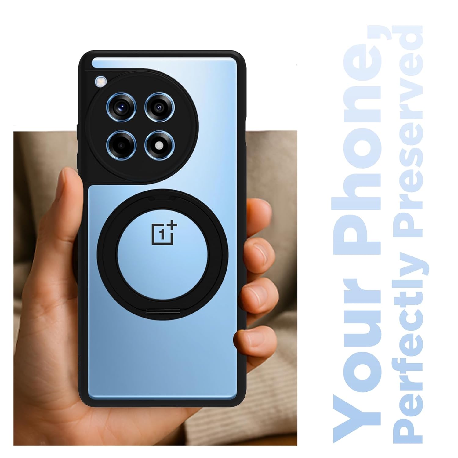 OnePlus 12R Ring Stand Back Cover Case | Clear Hybrid - Clear Black Magnetic