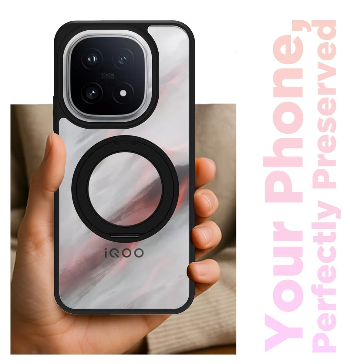 iQOO 15 5G Ring Stand Back Cover Case | Sleek Hybrid - Matte Black Ring Stand