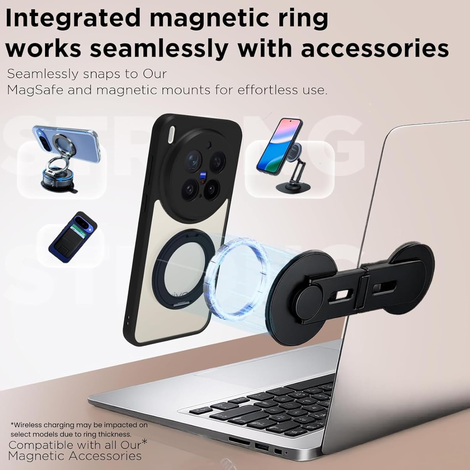Vivo X300 Pro 5G Ring Stand Back Cover Case | Clear Hybrid - Clear Black Magnetic