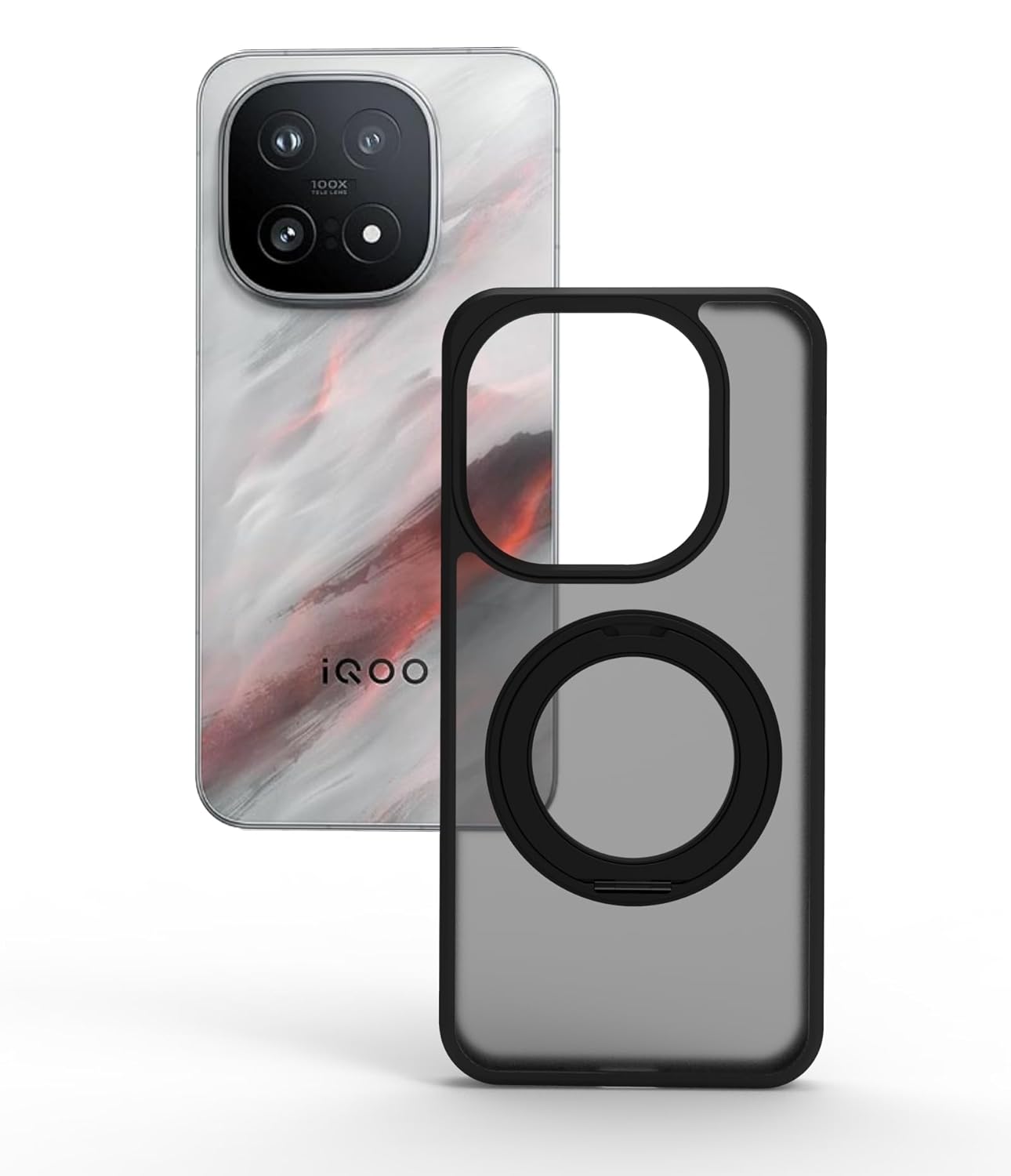 iQOO 15 5G Ring Stand Back Cover Case | Sleek Hybrid - Matte Black Magnetic