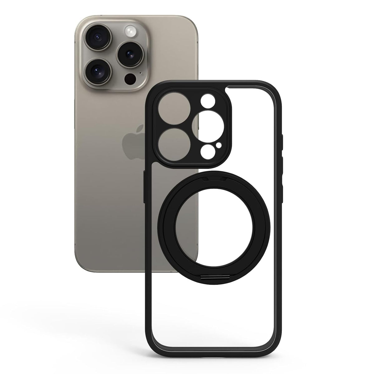 iPhone 15 Pro Ring Stand Back Cover Case | Sleek Hybrid - Clear Black Ring Stand
