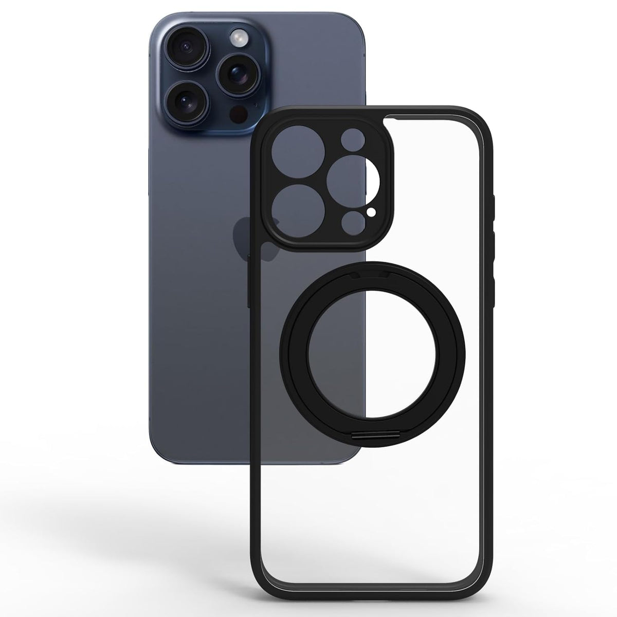 iPhone 15 Pro Max Ring Stand Back Cover Case | Sleek Hybrid - Clear Black Ring Stand