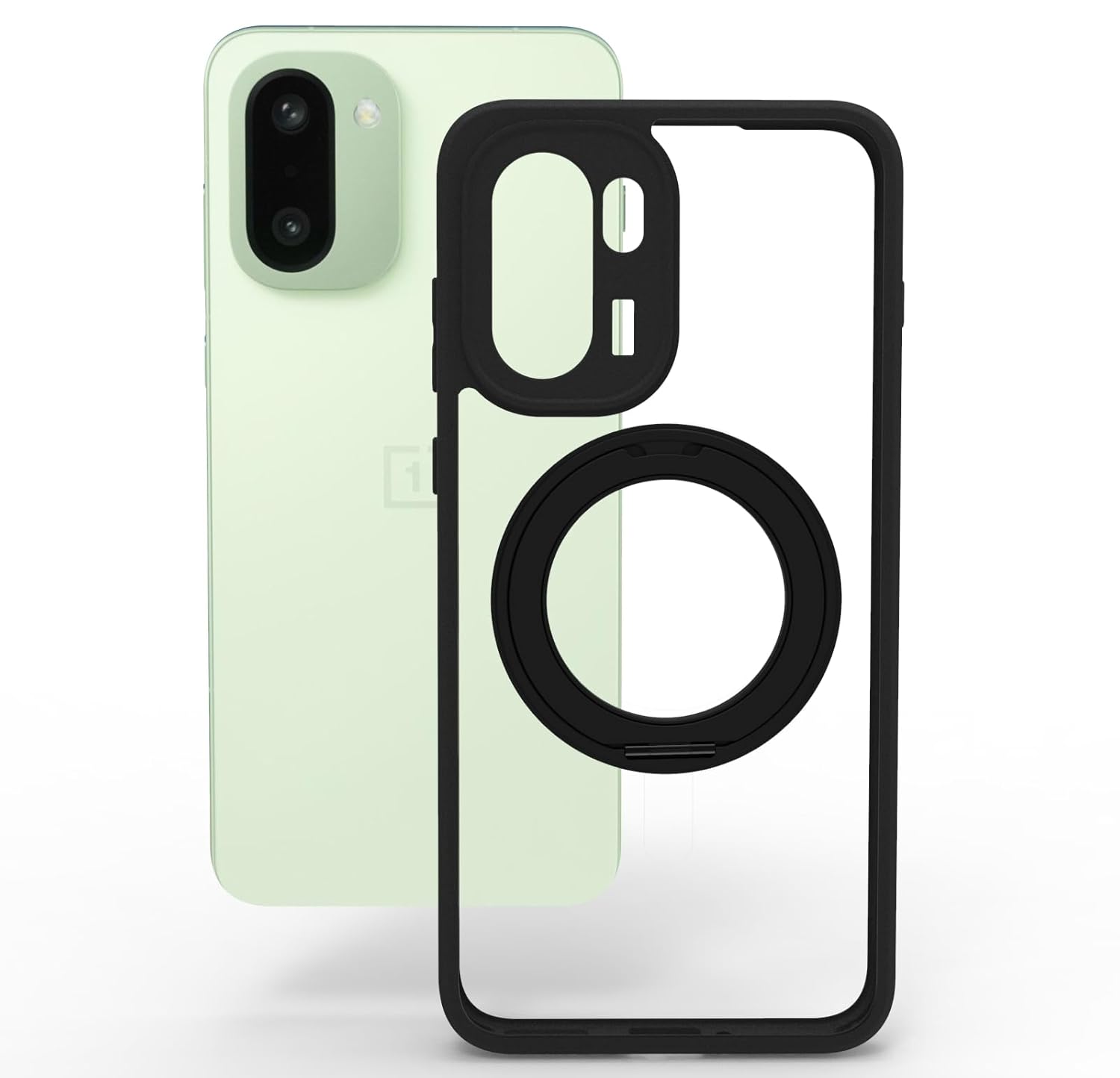 OnePlus 15R 5G Ring Stand Back Cover Case | Clear Hybrid - Clear Black Magnetic