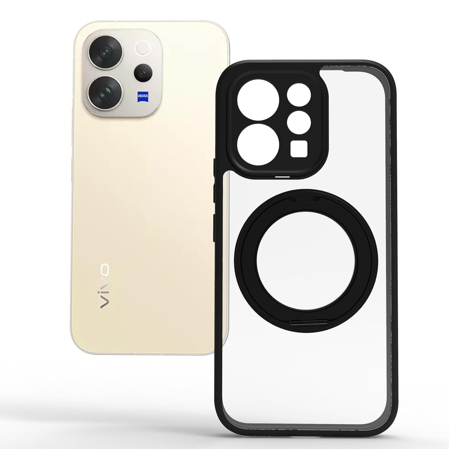 Vivo V70 / V70 Elite 5G Ring Stand Back Cover Case | Clear Hybrid - Clear Black Magnetic