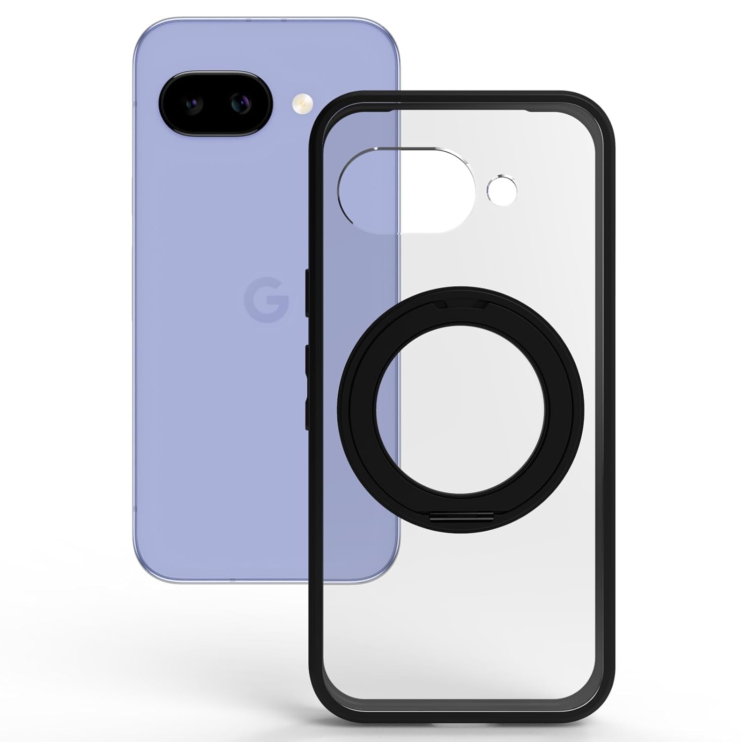 Google Pixel 9a Ring Stand Back Cover Case | Clear Hybrid - Clear Black Magnetic