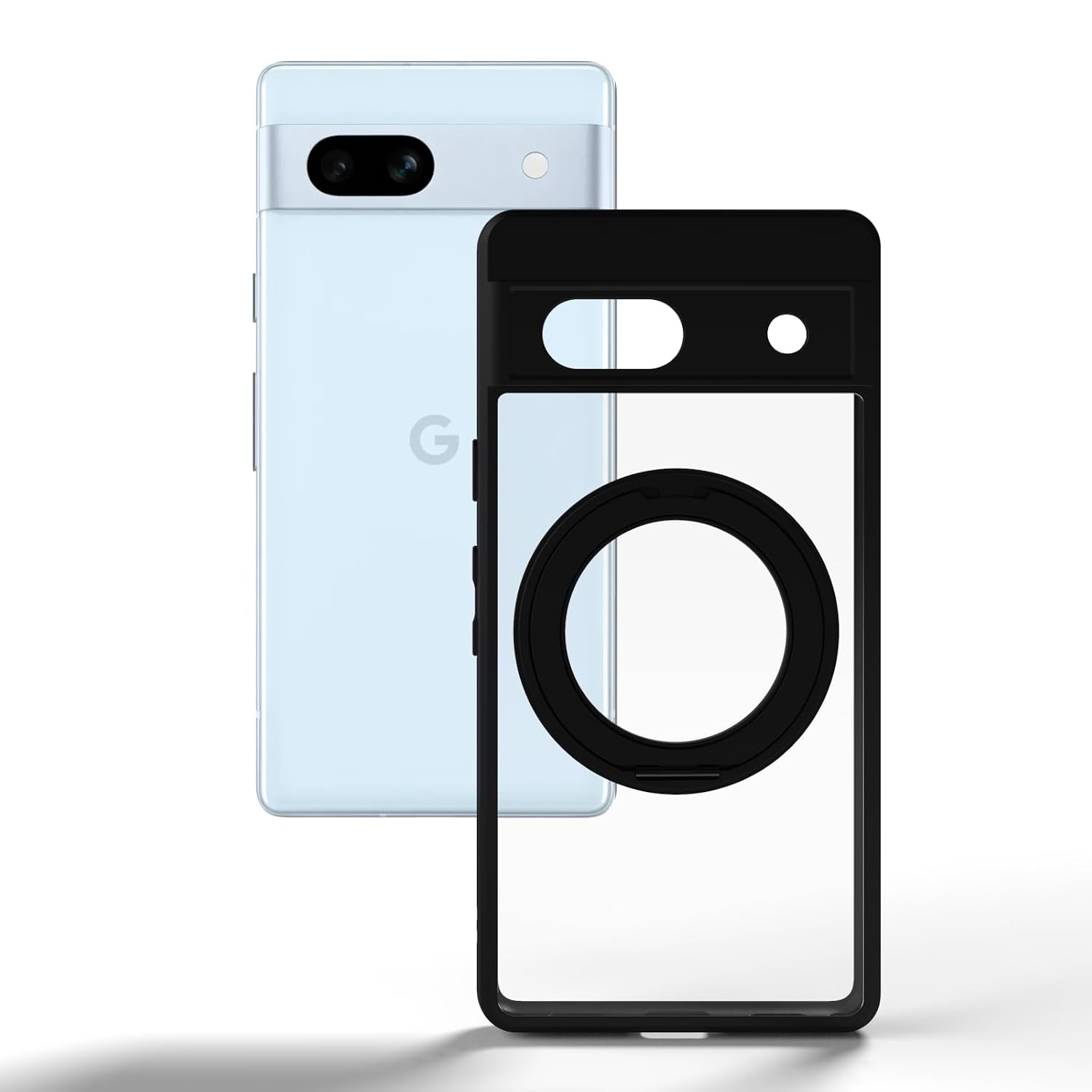 Google Pixel 7A Ring Stand Back Cover Case | Clear Hybrid - Clear Black Magnetic