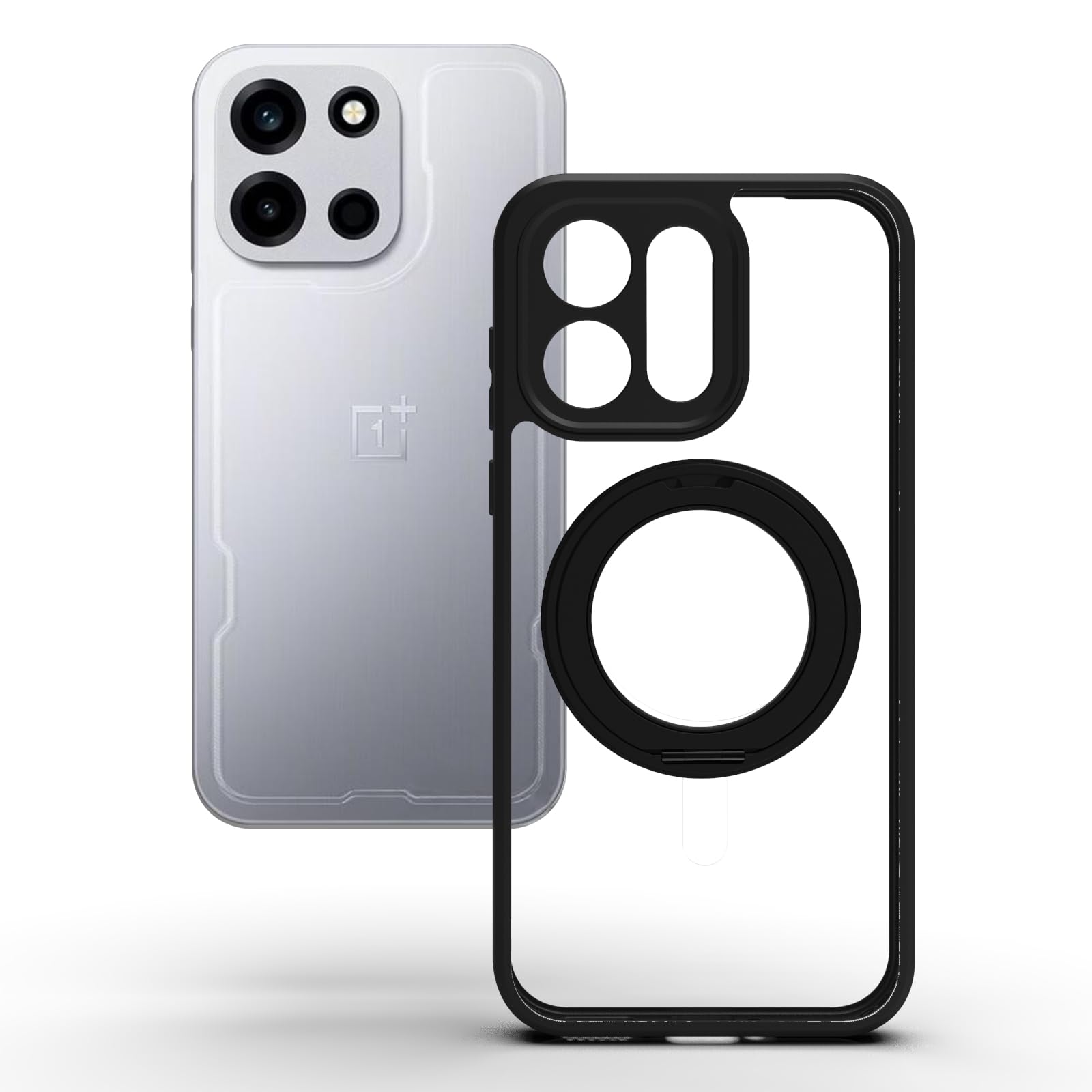 OnePlus Nord 6 5G/ Nord CE 6 5G Ring Stand Back Cover Case | Clear Hybrid - Clear Black Magnetic
